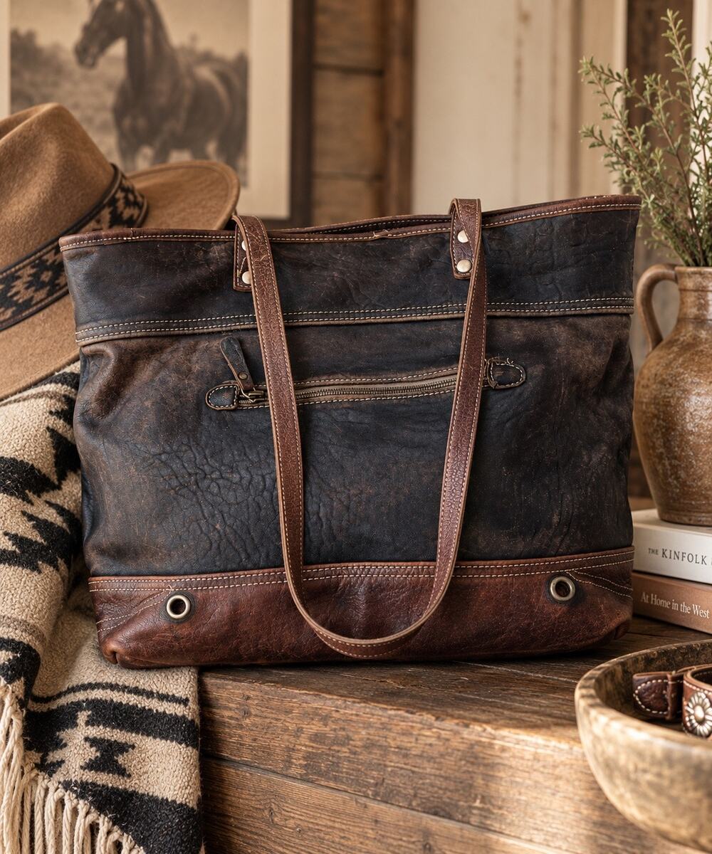 Myra Bag Distressed Leather Large Tote Shoulder Bag Brown Black Rustic Boho